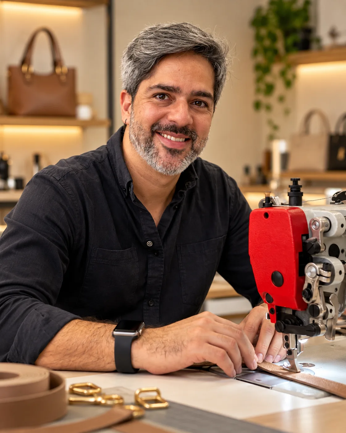 Professor Edu Góis costurando na máquina