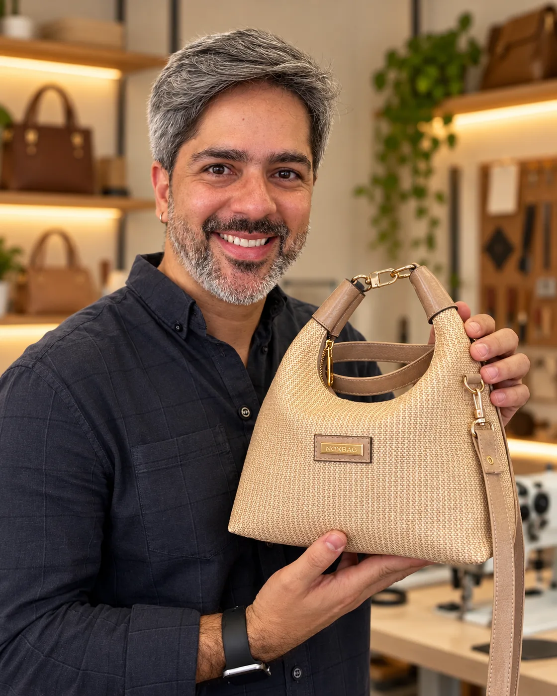 Edu Góis segurando a Bolsa Malu